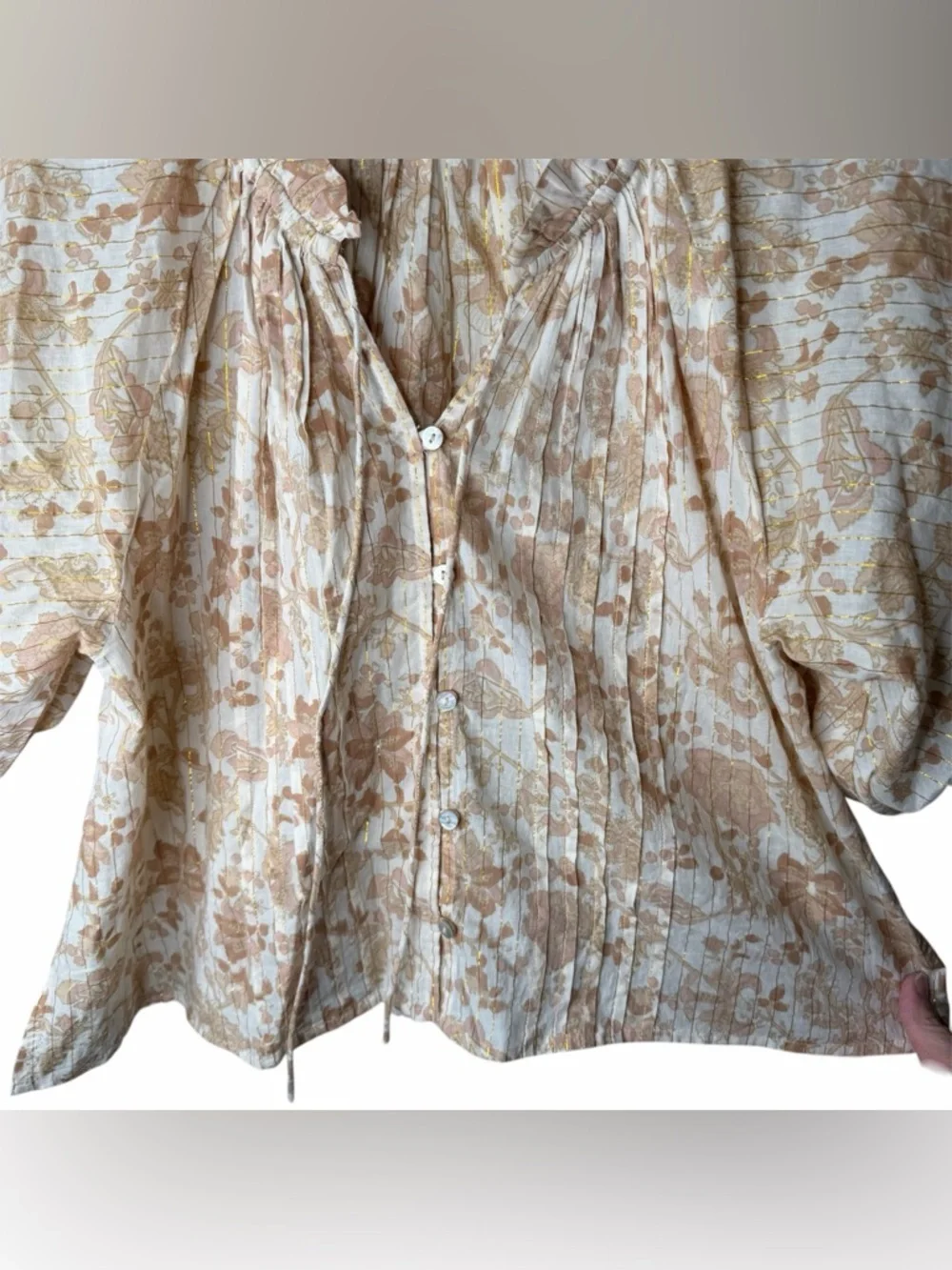 Cleobella Tan Metallic Stripe Floral Puff Sleeve Blouse Size Small Gold Cream - Picture 5 of 8